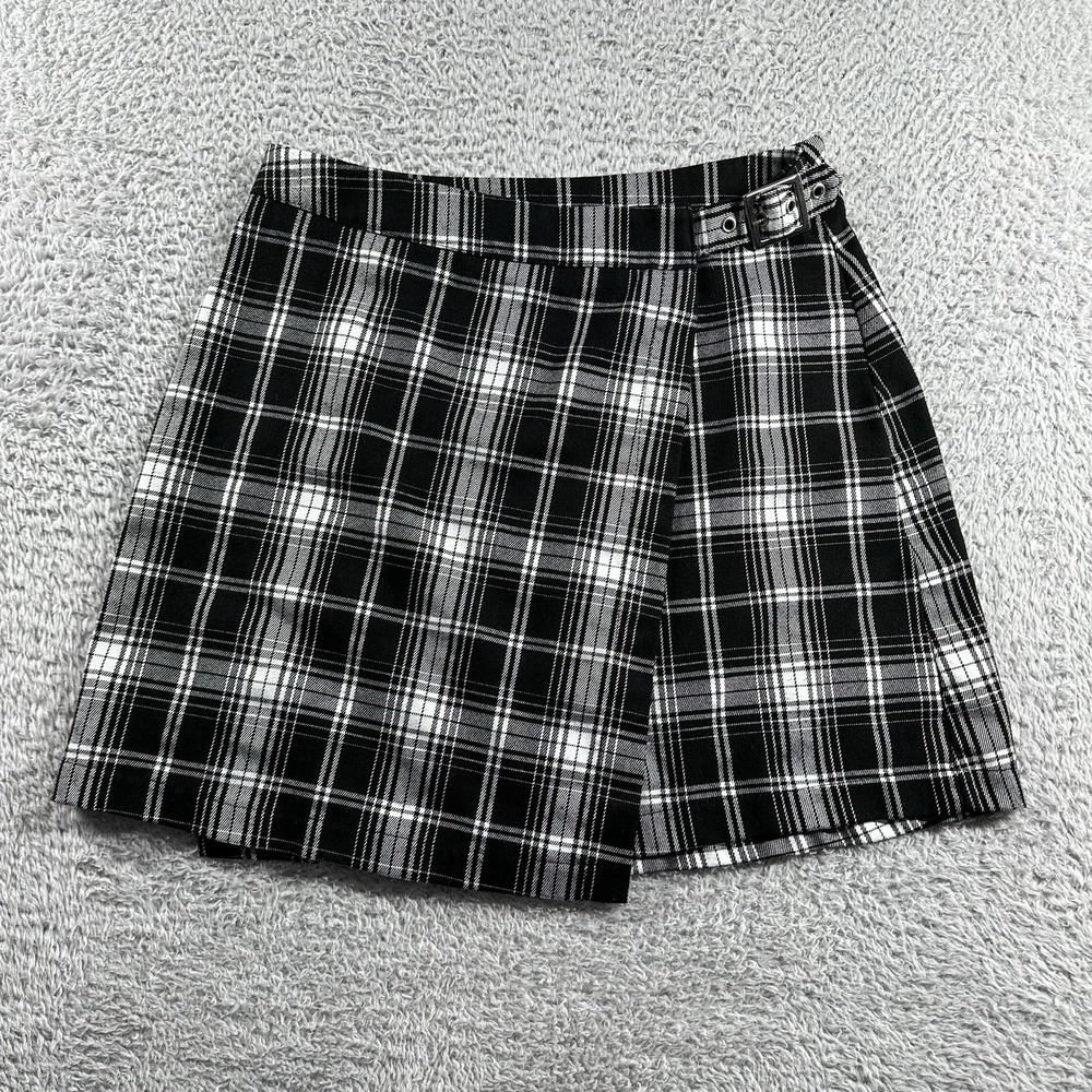 Brandy Melville Plaid‎ Faux Wrap Mini Skirt Black White Academia Preppy Pattern